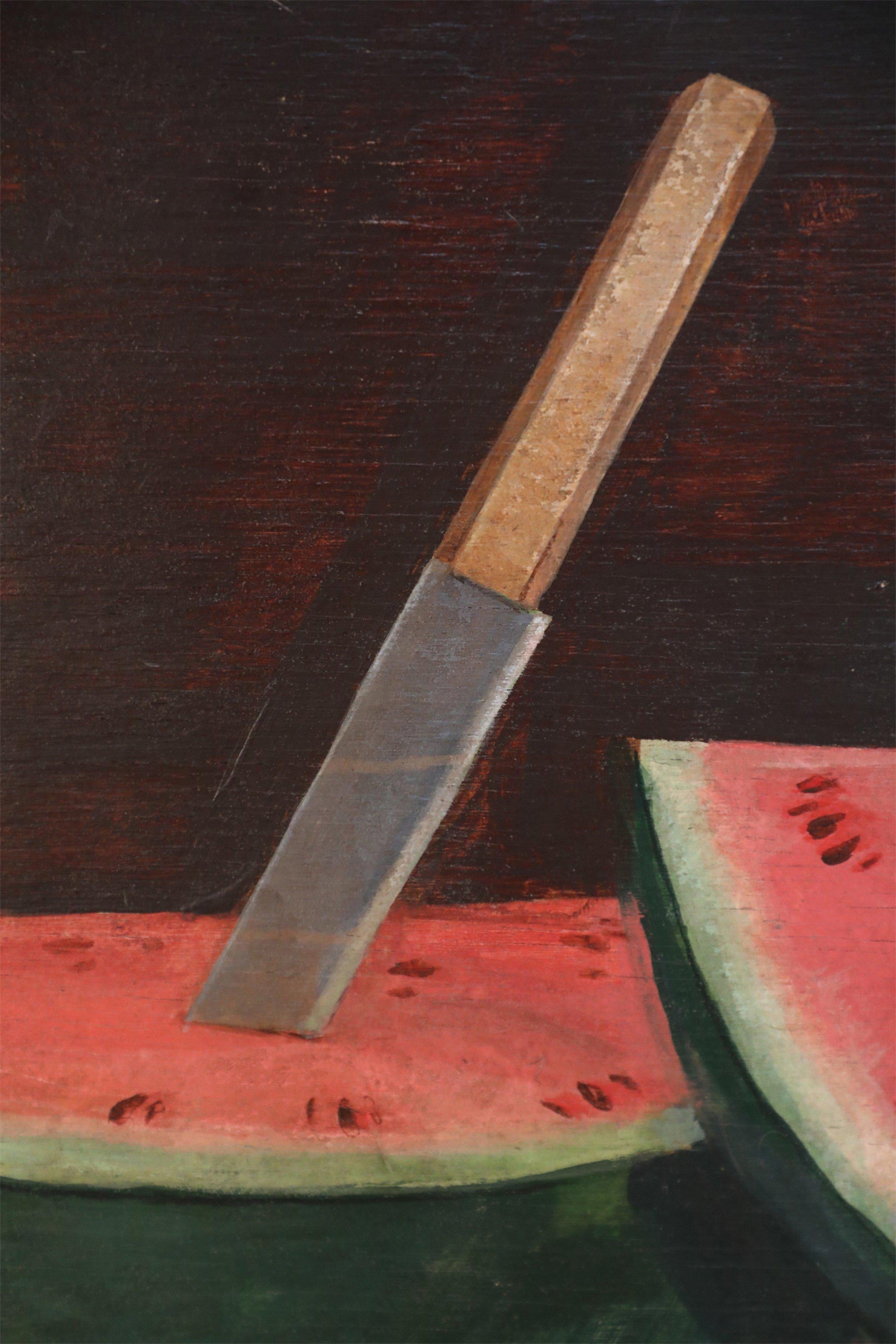 Americano Pittura di natura morta con anguria e coltello su Wood in vendita