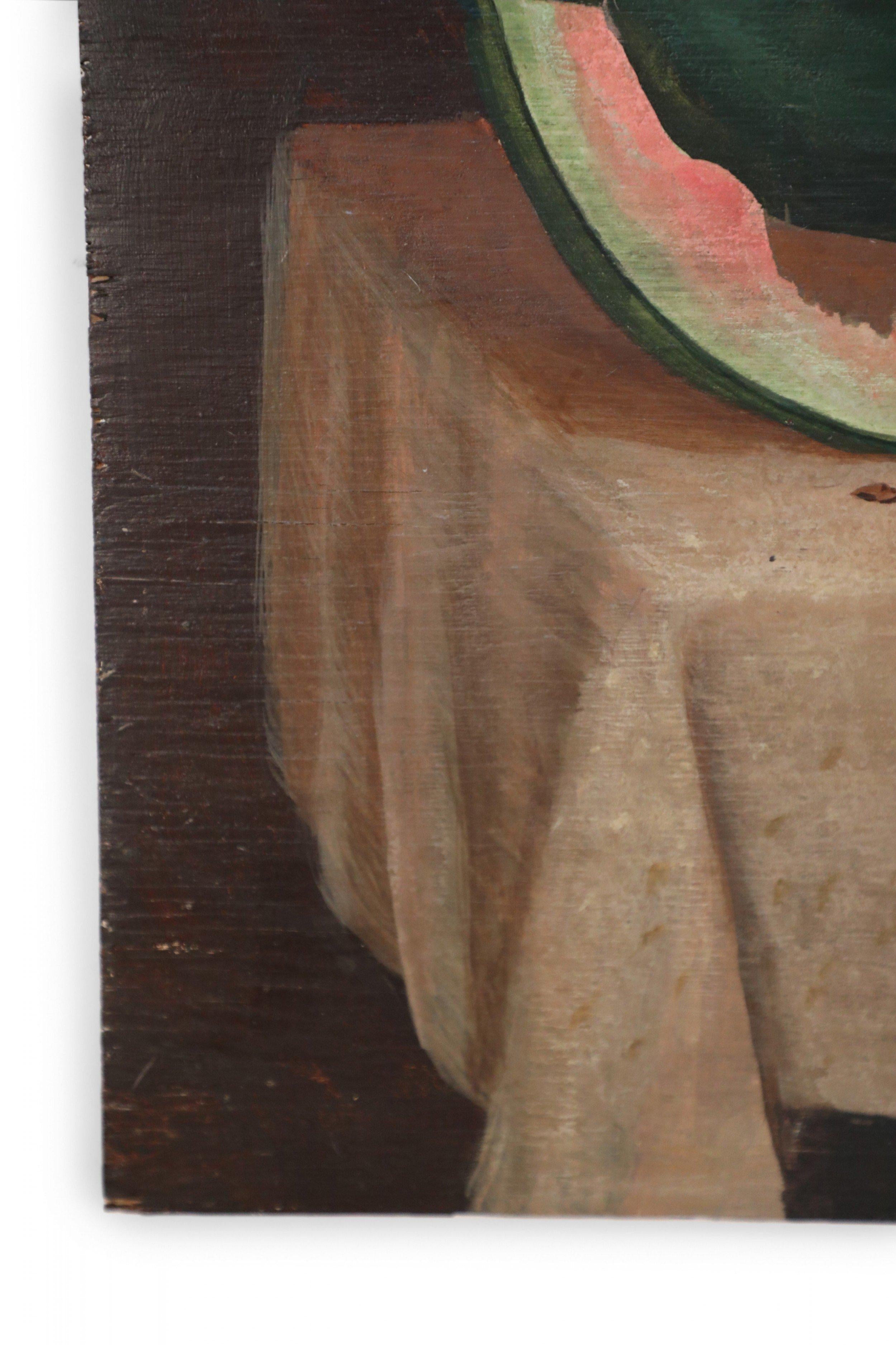 Watermelon and Knife Still Life Painting on Wood In Good Condition For Sale In New York, NY