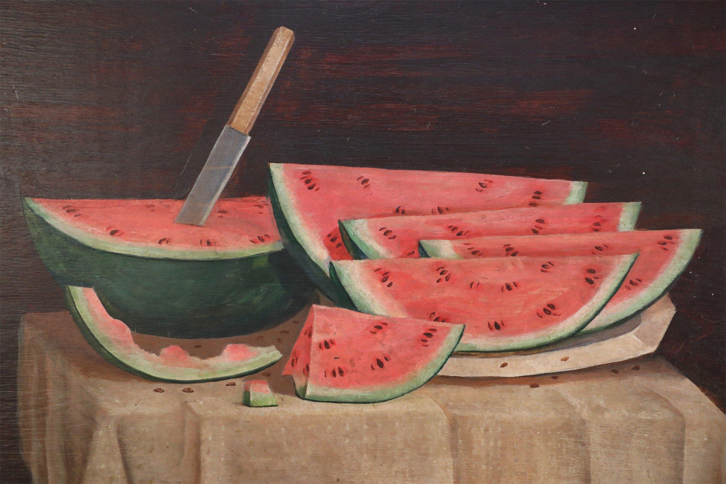 20th Century Watermelon and Knife Still Life Painting on Wood For Sale