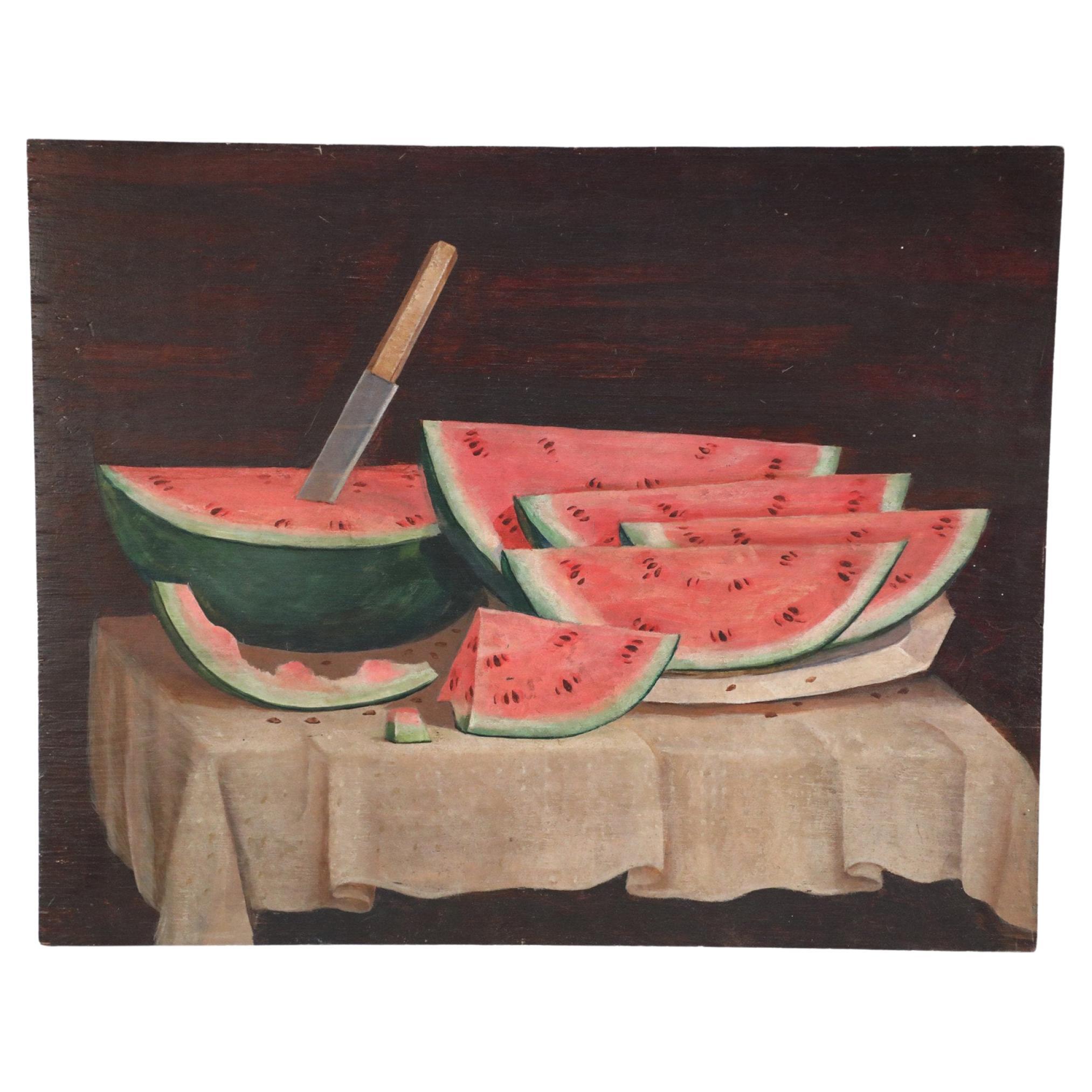 Watermelon and Knife Still Life Painting on Wood For Sale