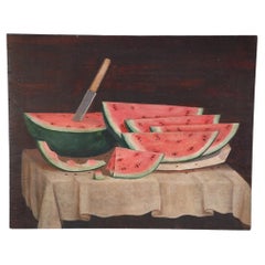 Watermelon and Knife Still Life Painting on Wood