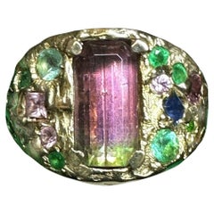 Watermelon Bi color Tourmaline Cocktail Ring, emeralds, sapphires, gold in stock