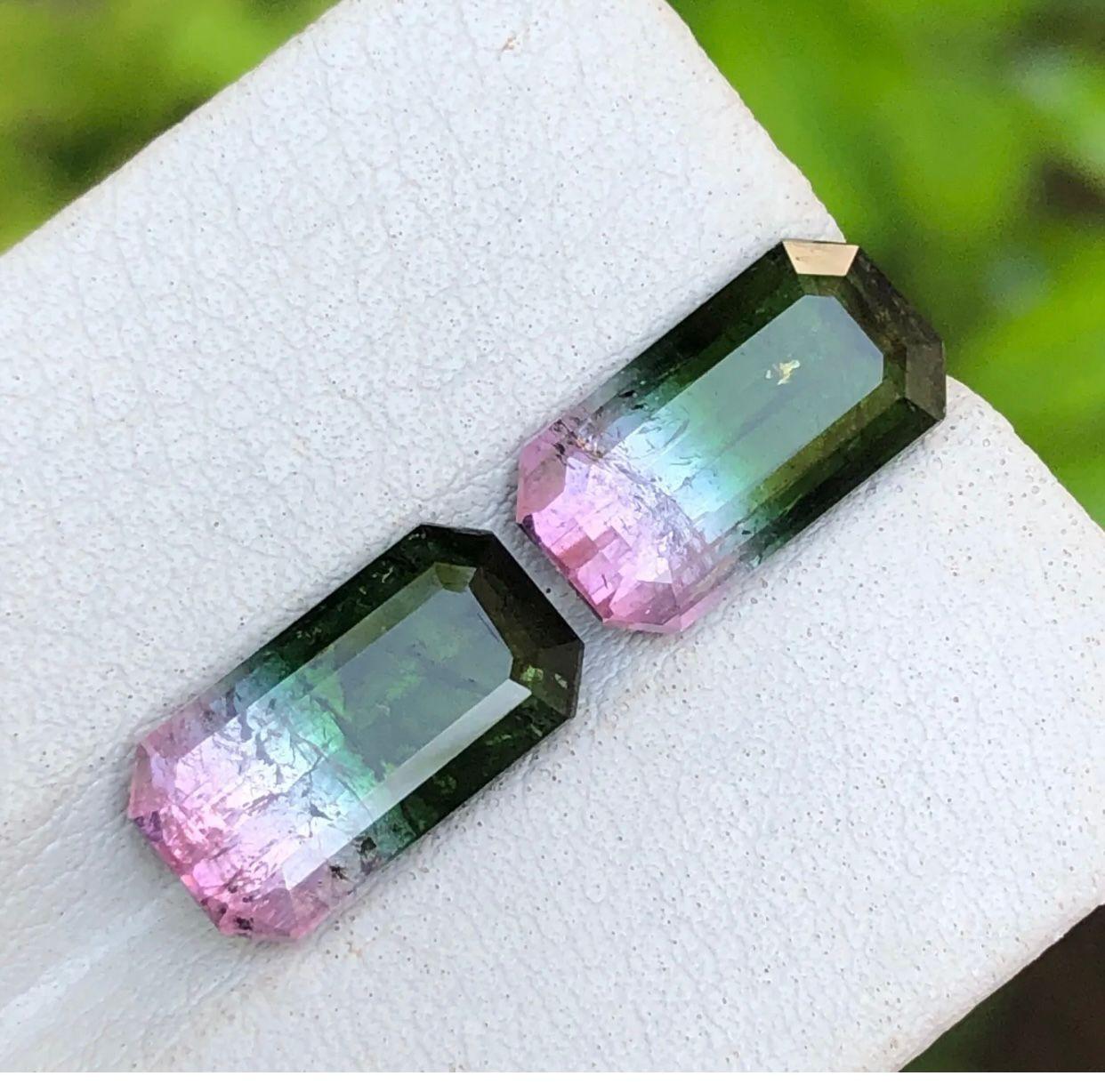 Watermelon Bicolor Darkish Green & Pink Tourmaline Gemstone Pair 7.05Ct-Earrings For Sale 4