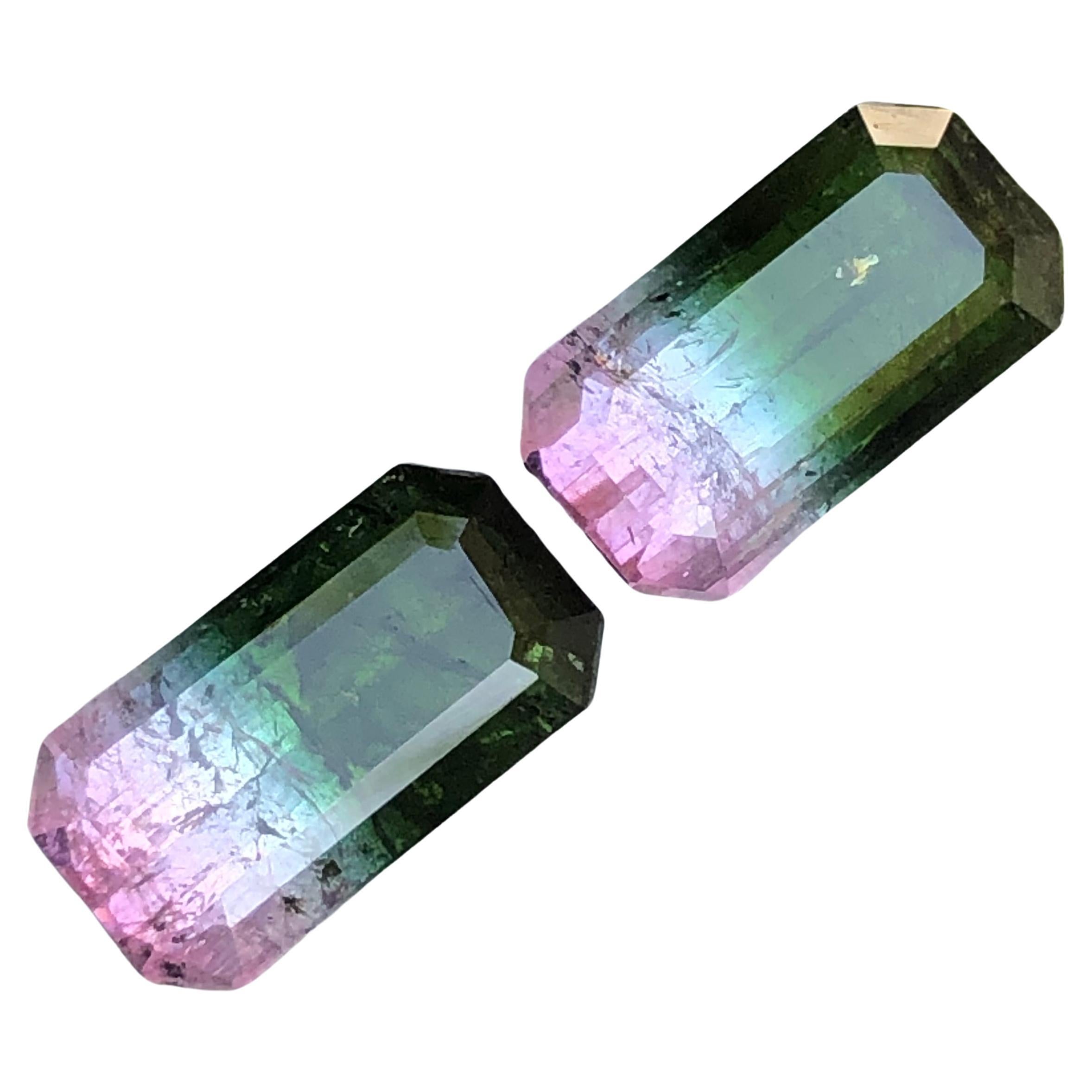 GEMSTONE TYPE: Natural Tourmaline 
PIECE(S): Pair
WEIGHT: 7.05 Carats
Stone 1: 3.45 Carat
Stone 2: 3.60 Carat
SHAPE: Emerald
SIZE (MM): 
Stone 1: 12.15 x 6.64 x 5.05 mm
Stone 2: 12.17 x 6.65 x 5.17 mm
COLOR: Watermelon Bicolor, Darkish Green &