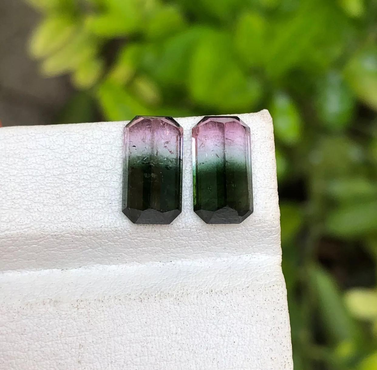 Emerald Cut Watermelon Bicolor Darkish Green & Pink Tourmaline Gemstone Pair 7.05Ct-Earrings For Sale