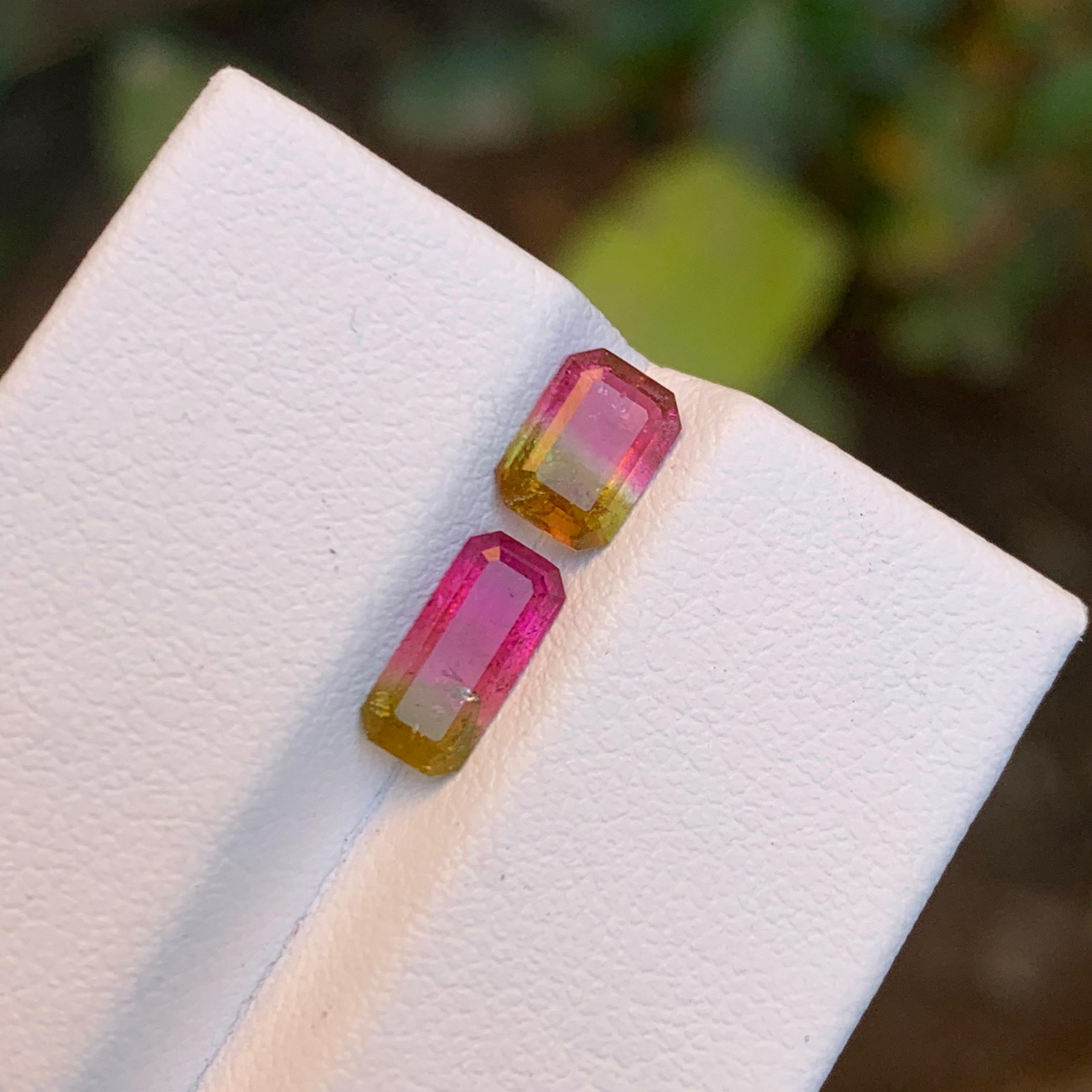 Gemstone Type: Tourmaline
Weight: 1.55 Carats
Dimensions: 
0.65 Ct: 6.62 x 4.75 x 2.69
0.90 Ct: 8.59 x 4.00 x 2.77
Color: Watermelon Bicolor (Green and Pink)
Clarity: Slightly Included
Treatment: Heated
Origin: Afghanistan
Certificate: On demand