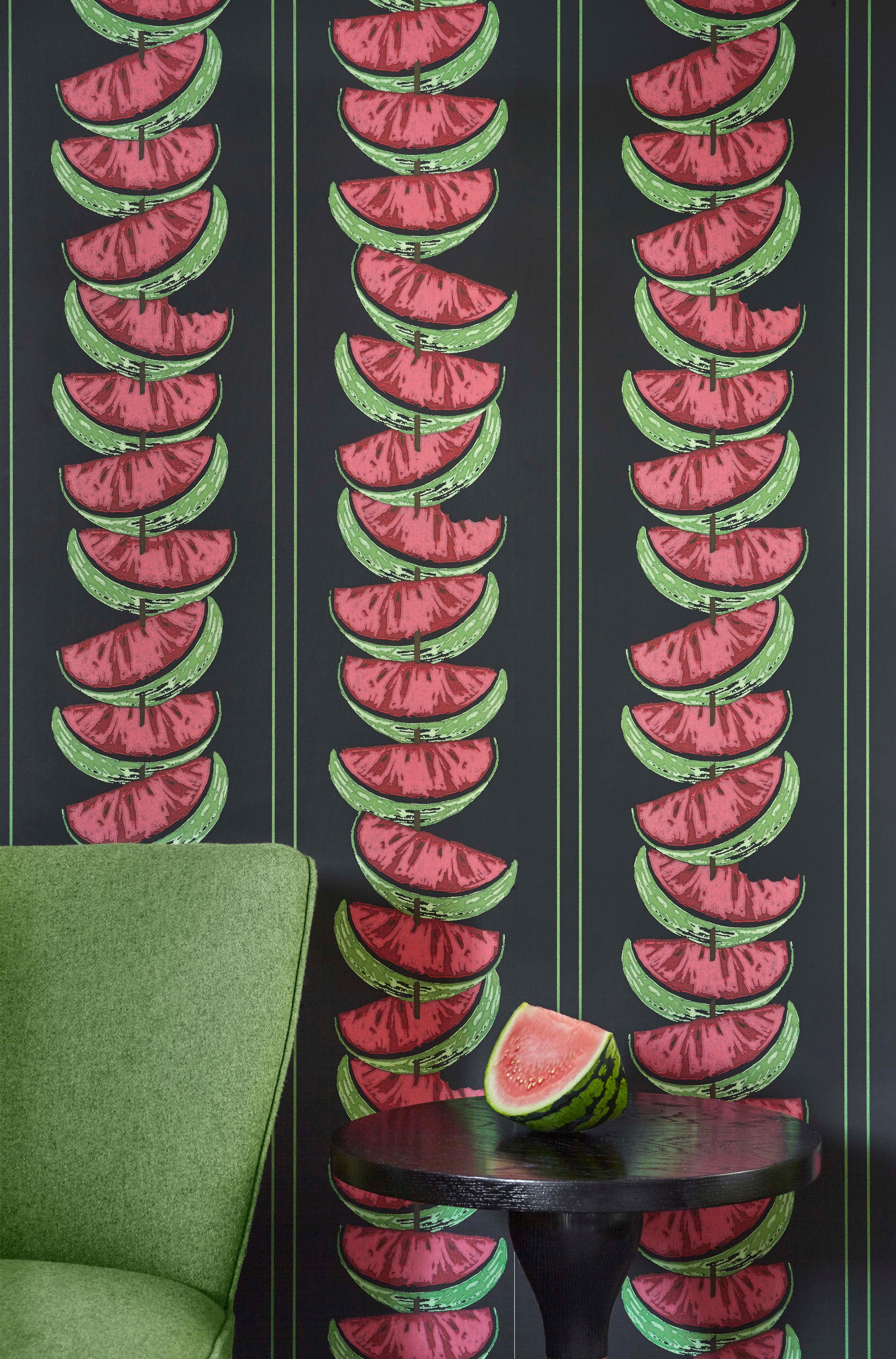 British 'Watermelon' Contemporary, Traditional Wallpaper in Charcoal For Sale