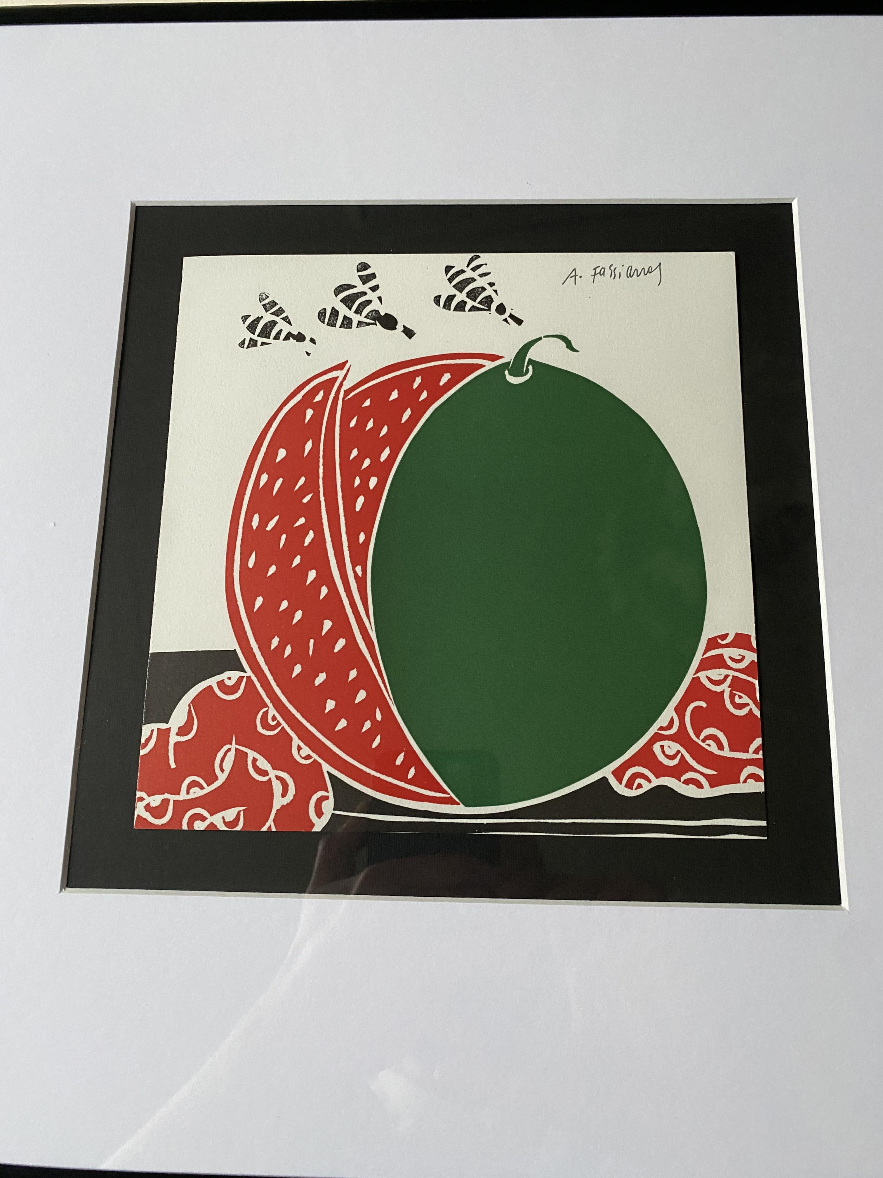 Impresión en linograbado de sandías de Alekos Fassianos, años 90 - 2000 
Enmarcado, Firmado

Impresión: 20 cm x 20 cm
Marco 40 cm x 40 cm