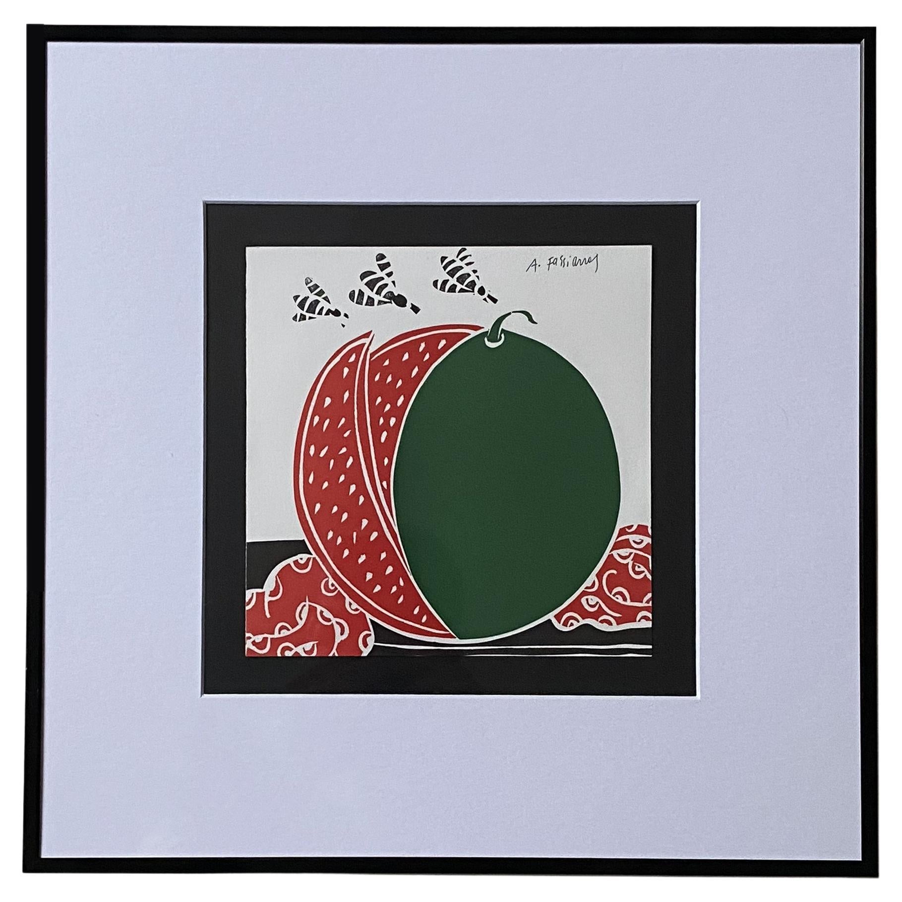 Watermelon Linocut Lino Print (lithograph) by Alekos Fassianos, 1990s - 2000s