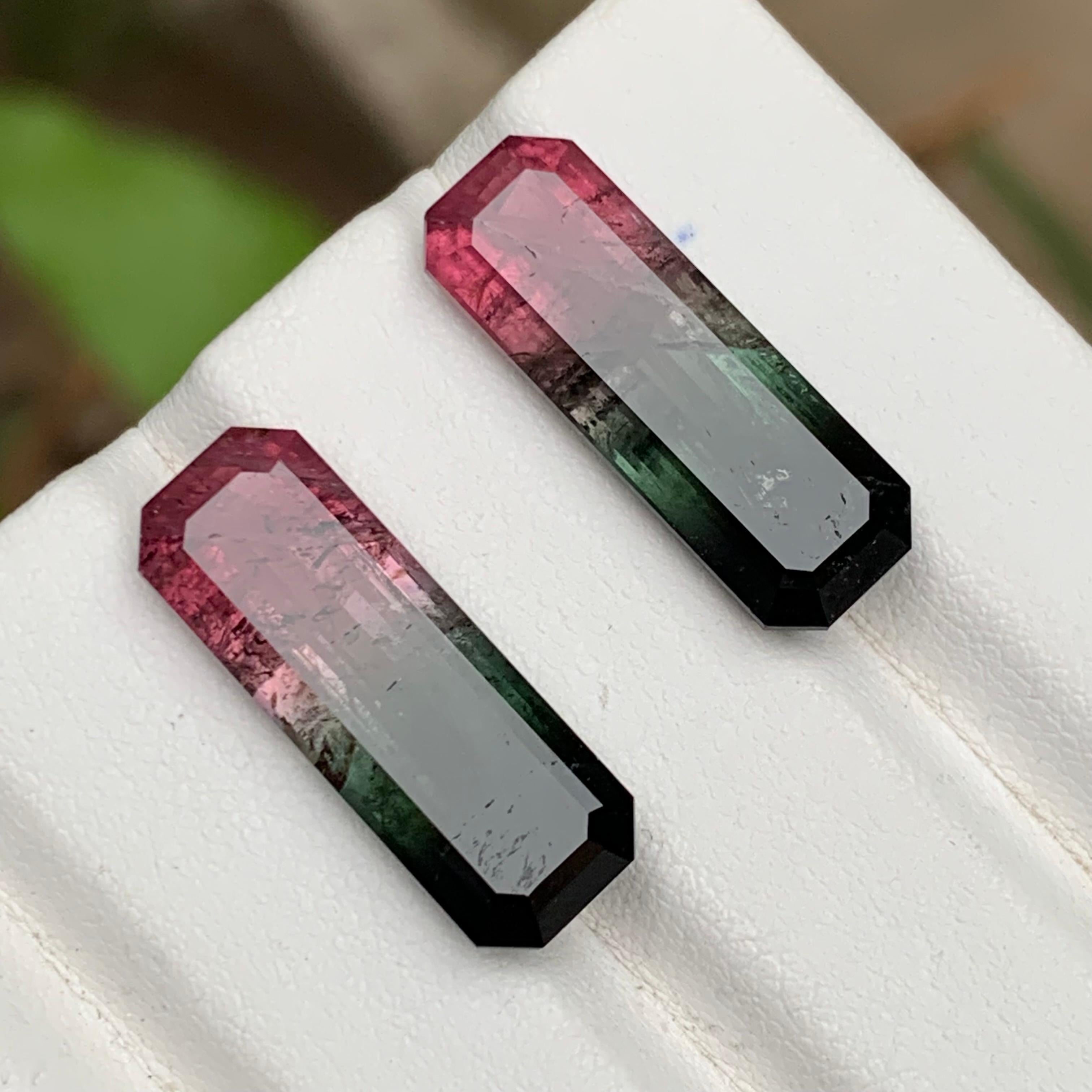 Emerald Cut Watermelon Pink Black Bicolor Natural Tourmaline Loose Gemstones Pair 21.75 Ct For Sale