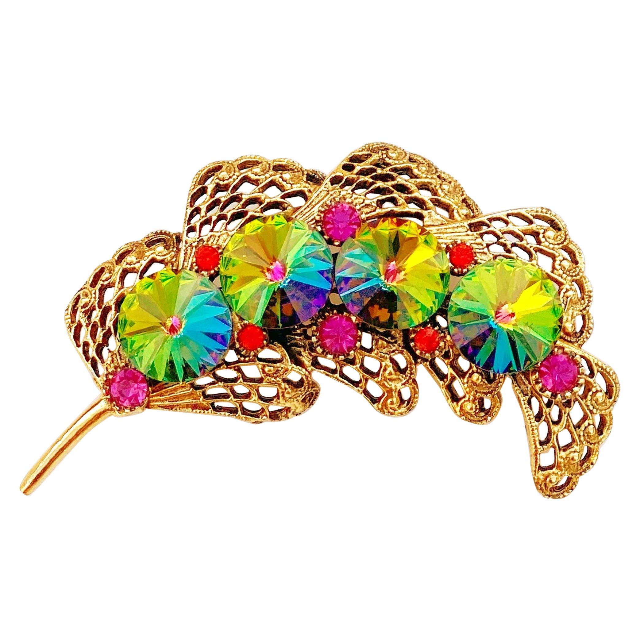 Watermelon Rivoli Vitrail Crystal Golden Filigree Leaf Figural Brooch, 1950s For Sale