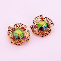 Watermelon Rivoli Vitrail Crystal Golden Filigree Statement Earrings, 1950s