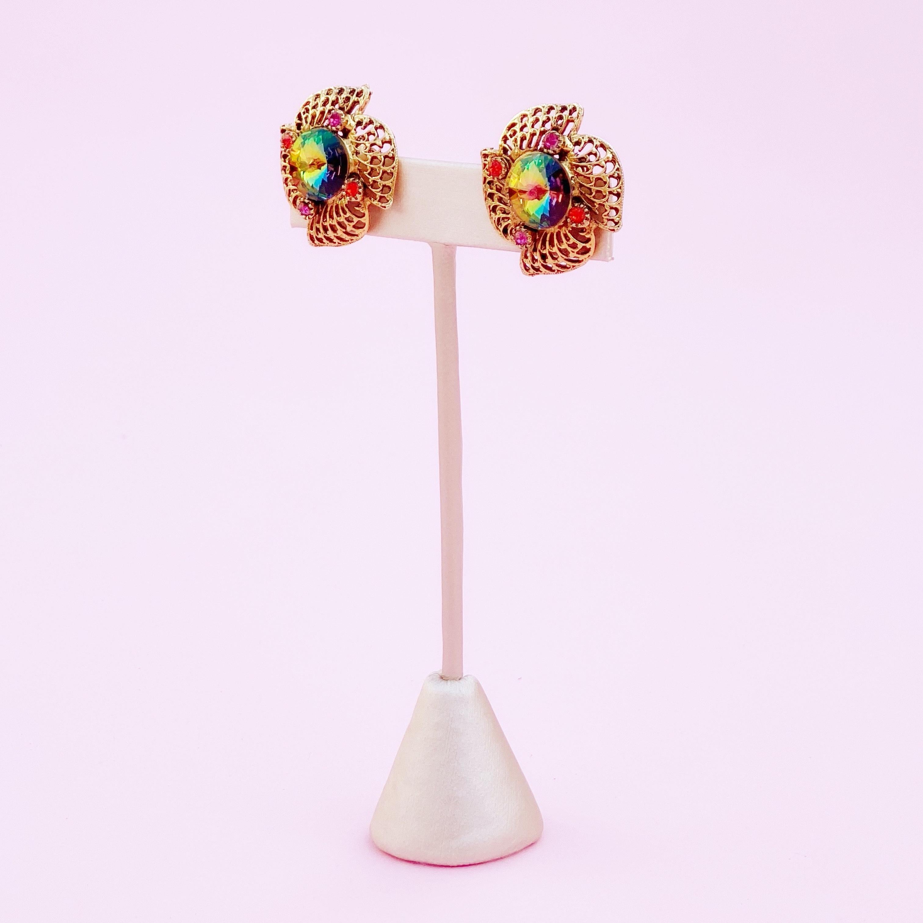 Women's Watermelon Rivoli Vitrail Crystal Golden Filigree Statement Earrings, 1950s For Sale
