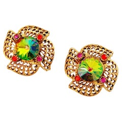 Vintage Watermelon Rivoli Vitrail Crystal Golden Filigree Statement Earrings, 1950s