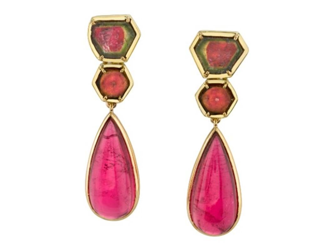 Watermelon Slice and Pink Tourmaline Drop Earrings in Yellow Gold, 39.55 Carats  For Sale 4