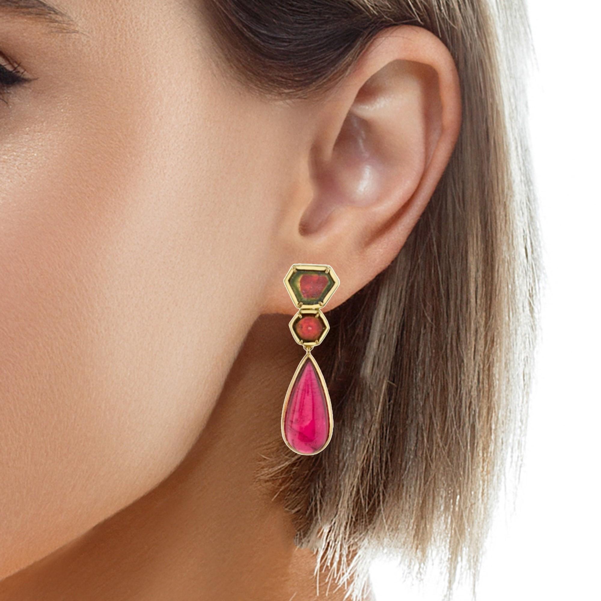 Watermelon Slice and Pink Tourmaline Drop Earrings in Yellow Gold, 39.55 Carats  For Sale 1