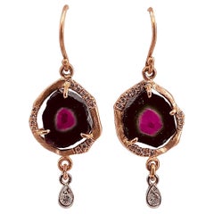 Watermelon Slice Tourmaline Drop Earrings Set in Rose Gold with Diamond Accents