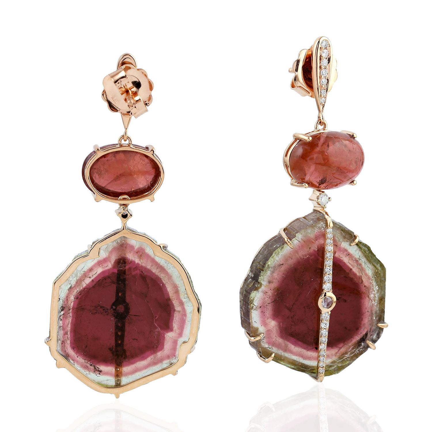 Art Deco Watermelon Sliced Tourmaline with Rosecut Tourmaline Earrings in 18k Rose Gold For Sale