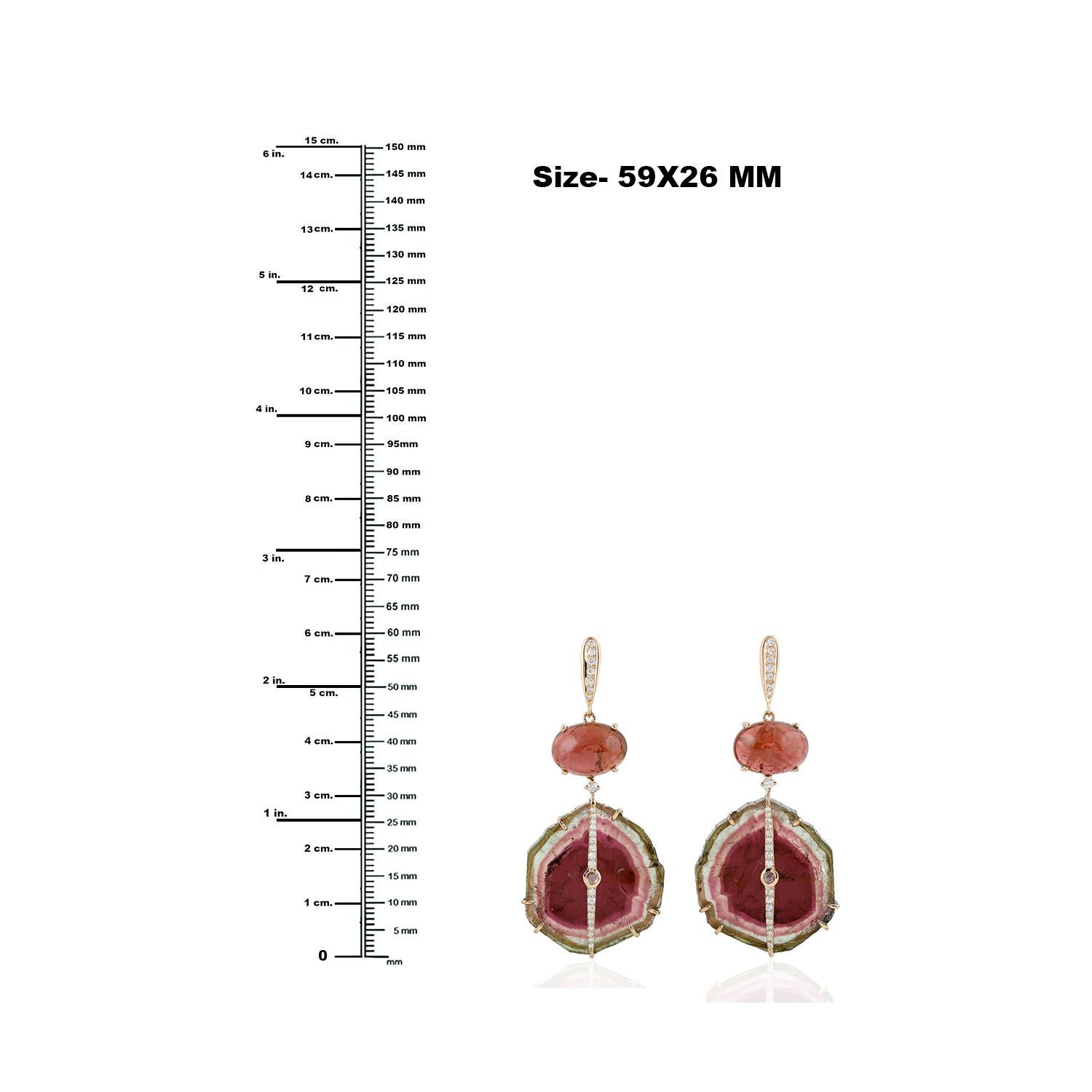 Mixed Cut Watermelon Sliced Tourmaline with Rosecut Tourmaline Earrings in 18k Rose Gold For Sale