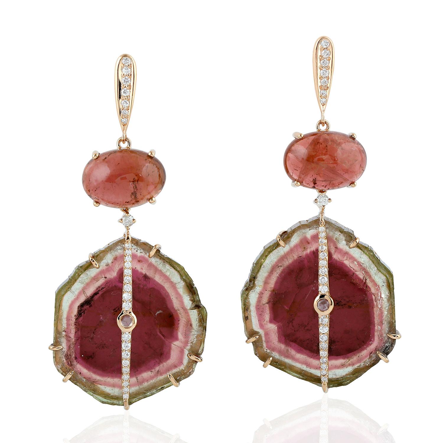 Watermelon Sliced Tourmaline with Rosecut Tourmaline Earrings in 18k Rose Gold In New Condition For Sale In New York, NY