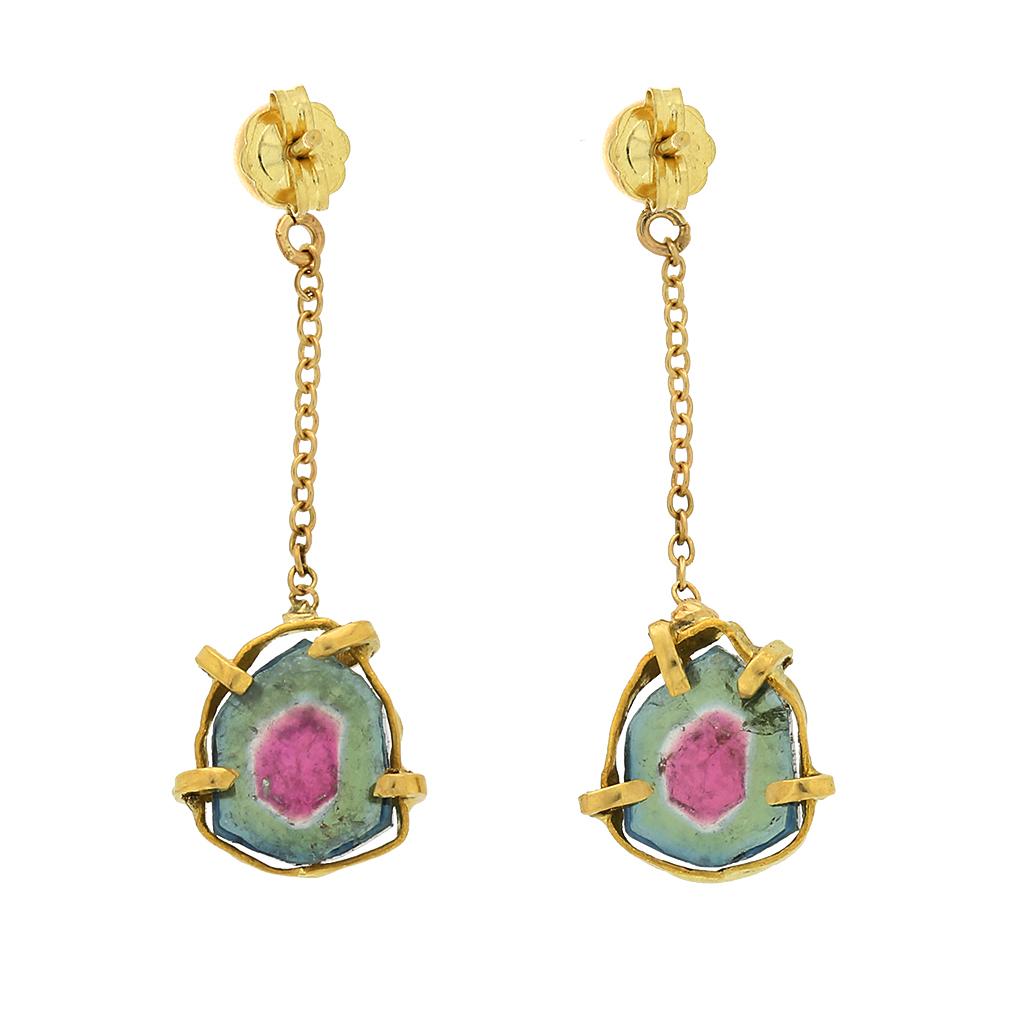 Watermelon Tourmaline 14k Drop Earrings In Excellent Condition For Sale In Fuquay Varina, NC