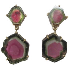 Watermelon Tourmaline 18 Karat Yellow Gold Earrings