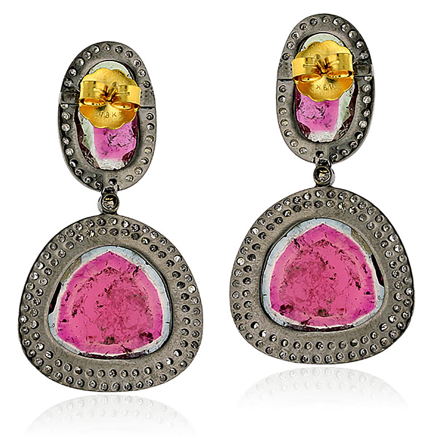 Art Déco Orecchini in oro giallo 18k e argento con diamanti con tormalina anguria in vendita