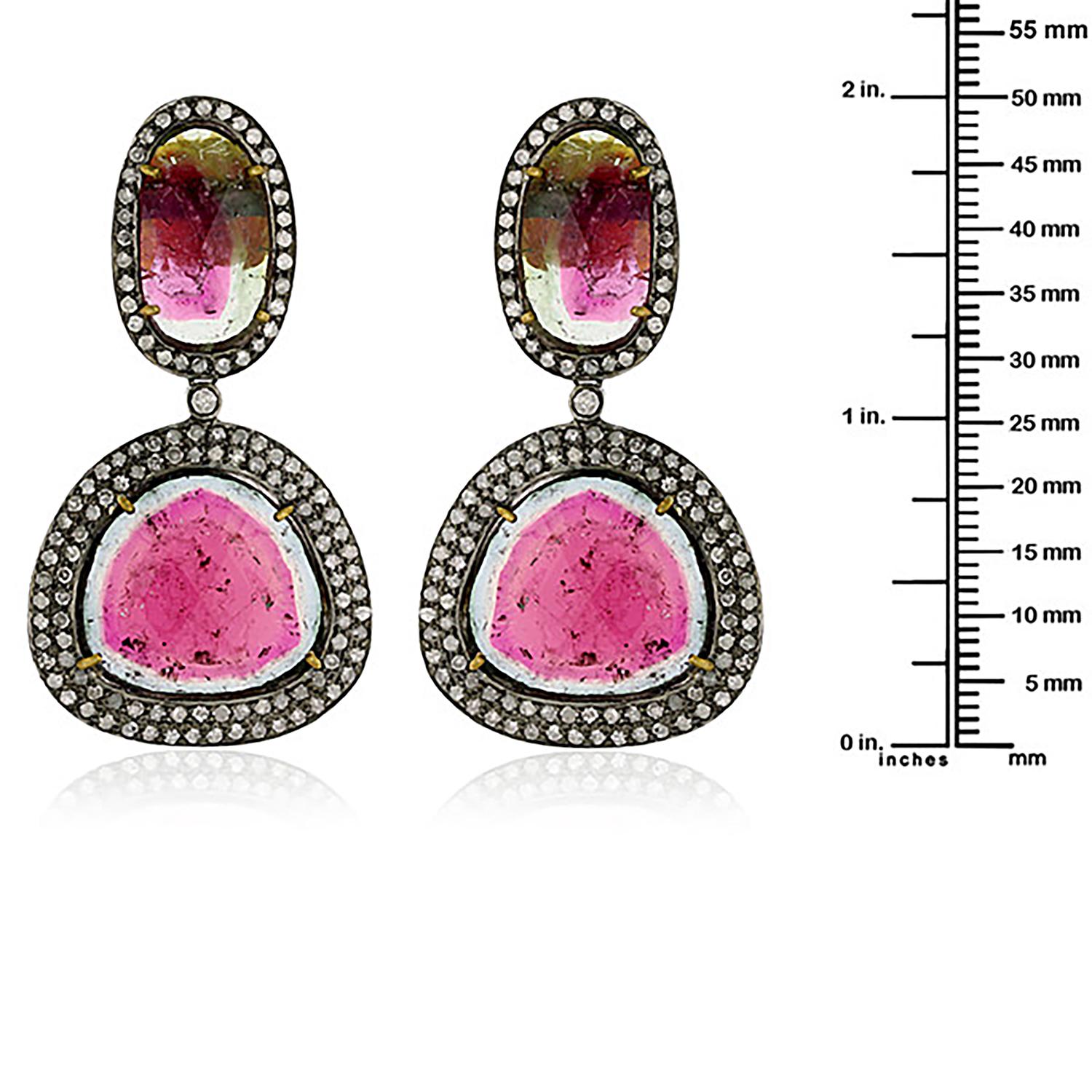 Taglio misto Orecchini in oro giallo 18k e argento con diamanti con tormalina anguria in vendita