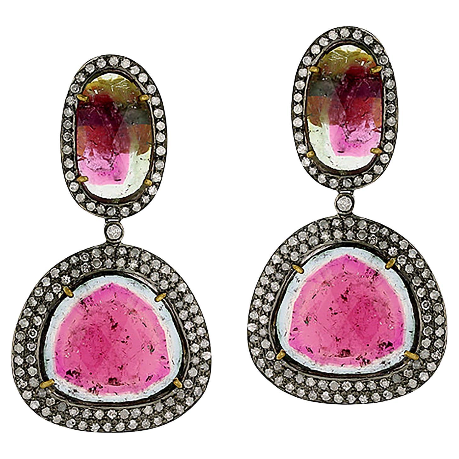 Orecchini in oro giallo 18k e argento con diamanti con tormalina anguria