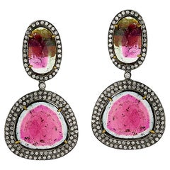 Orecchini in oro giallo 18k e argento con diamanti con tormalina anguria