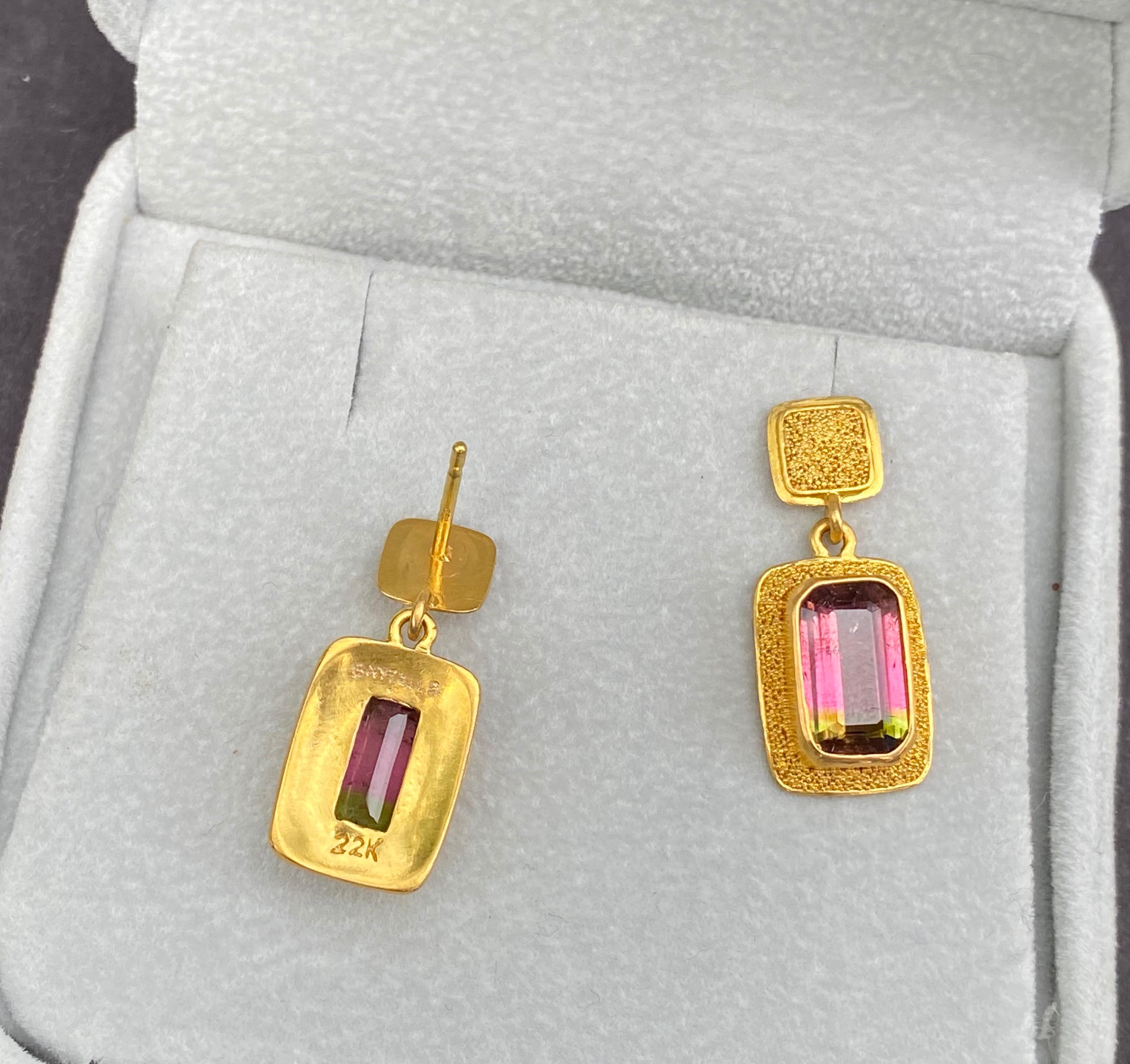 Contemporary Steven Battelle 4.5 Carats Watermelon Tourmaline 22K Gold Post Earrings