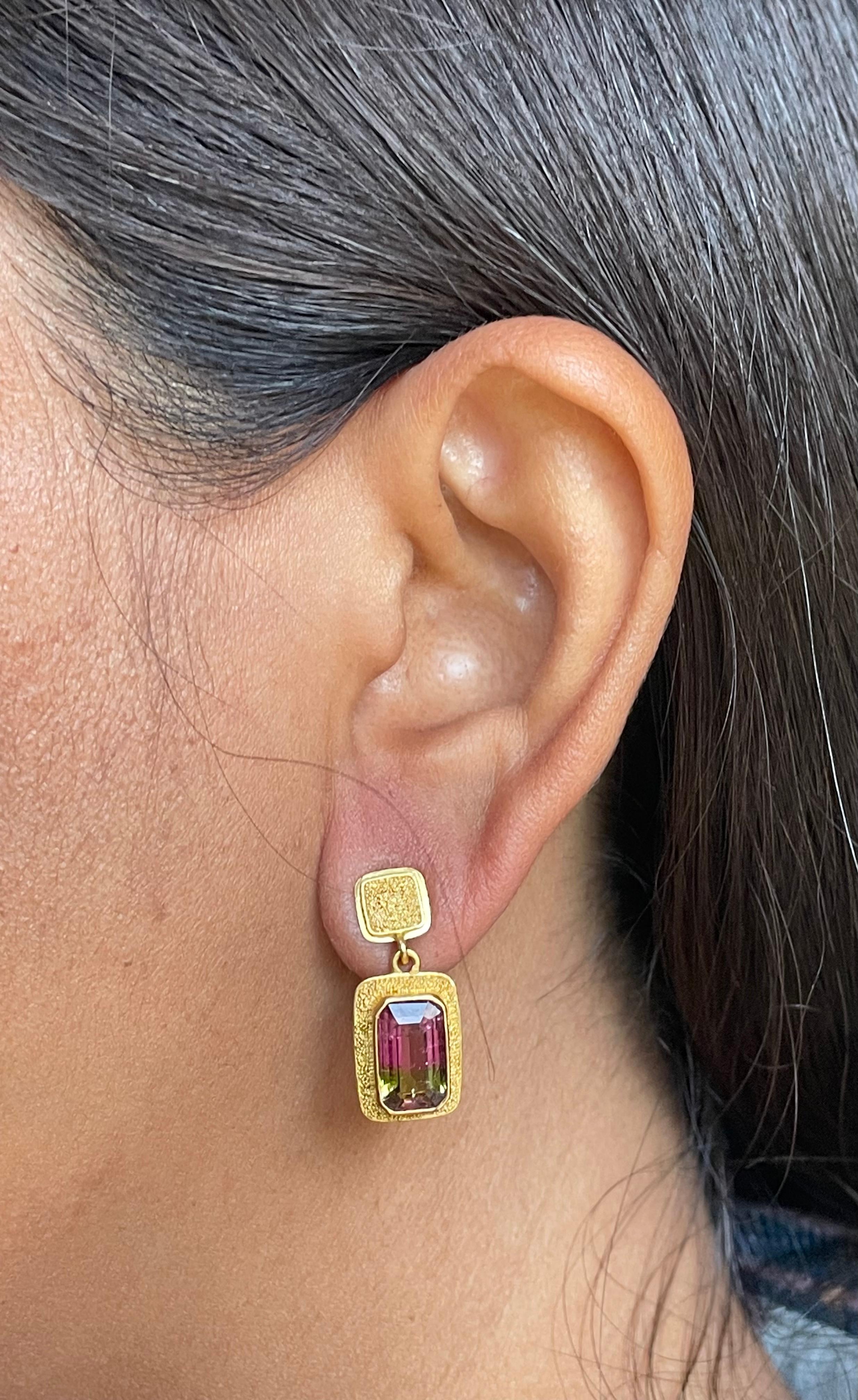 Steven Battelle 4.5 Carats Watermelon Tourmaline 22K Gold Post Earrings In New Condition In Soquel, CA