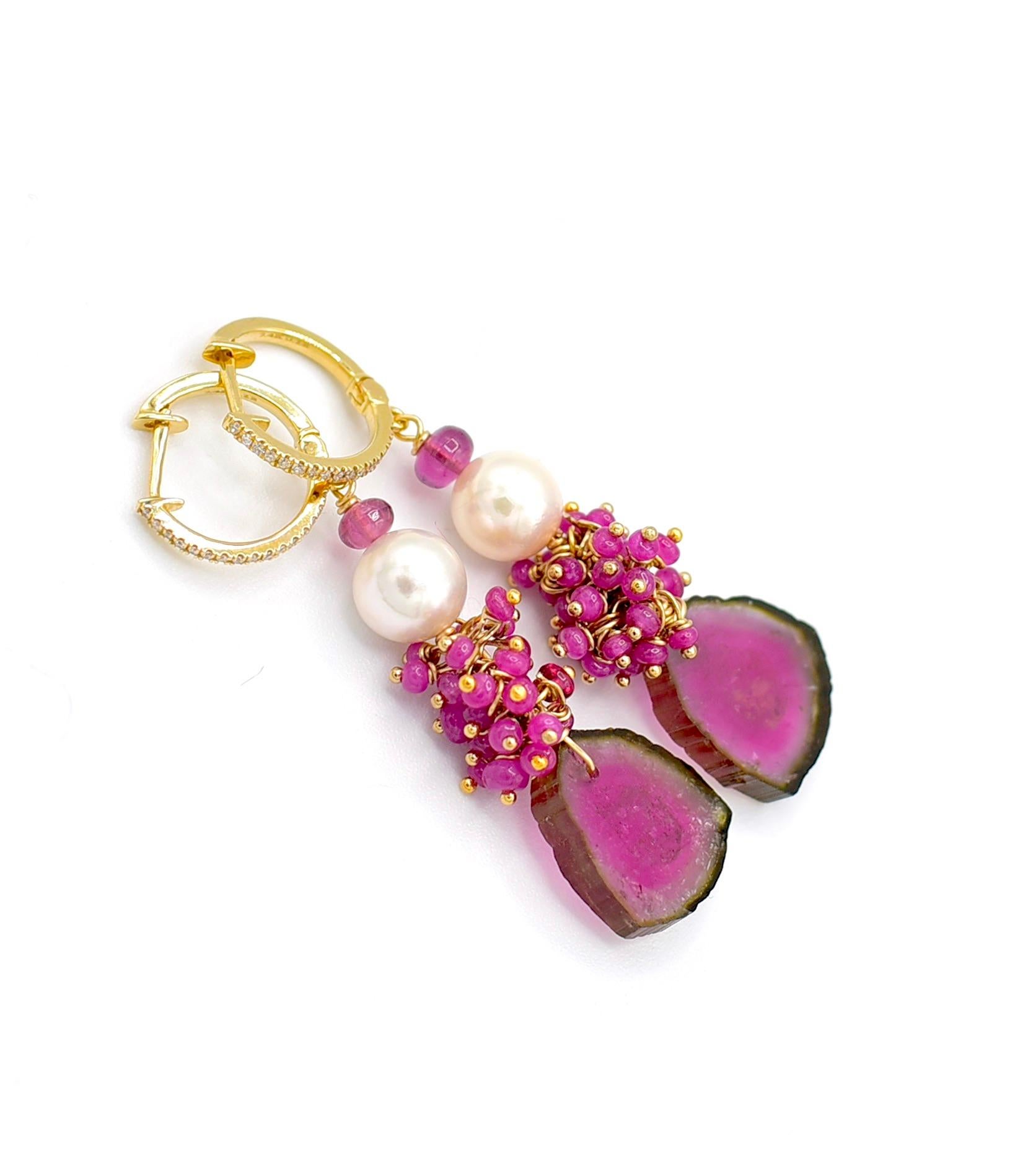 Artisan Watermelon Tourmaline and Burmese Red Ruby Beads earrings in 14K Yellow Gold 