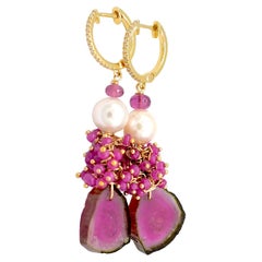 Watermelon Tourmaline and Burmese Red Ruby Beads earrings in 14K Yellow Gold 