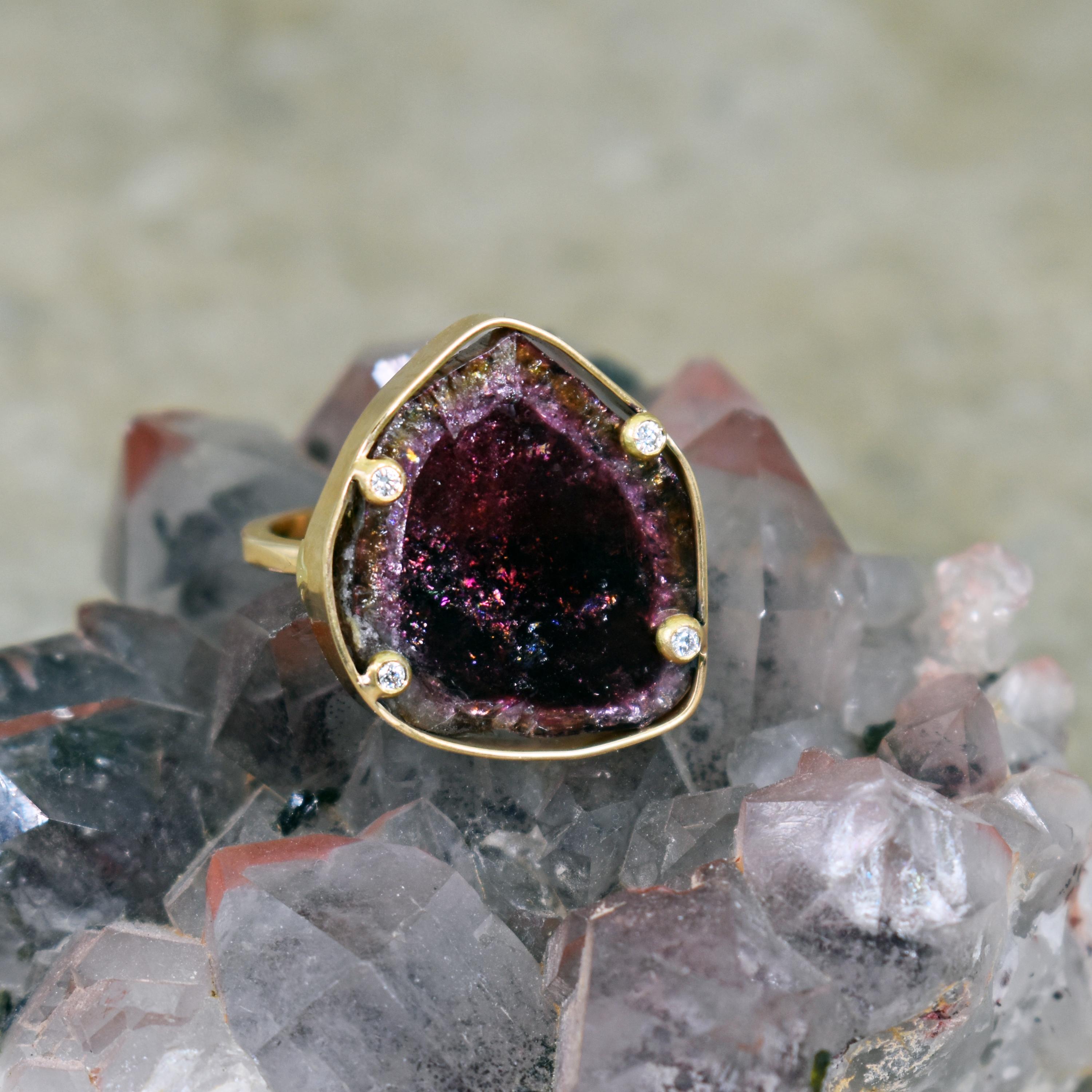 Watermelon Tourmaline slice and 0.12 carat accent white diamonds in 18k yellow gold cocktail ring. Ring is size 6.5 and ring band is 1.5mm wide.
