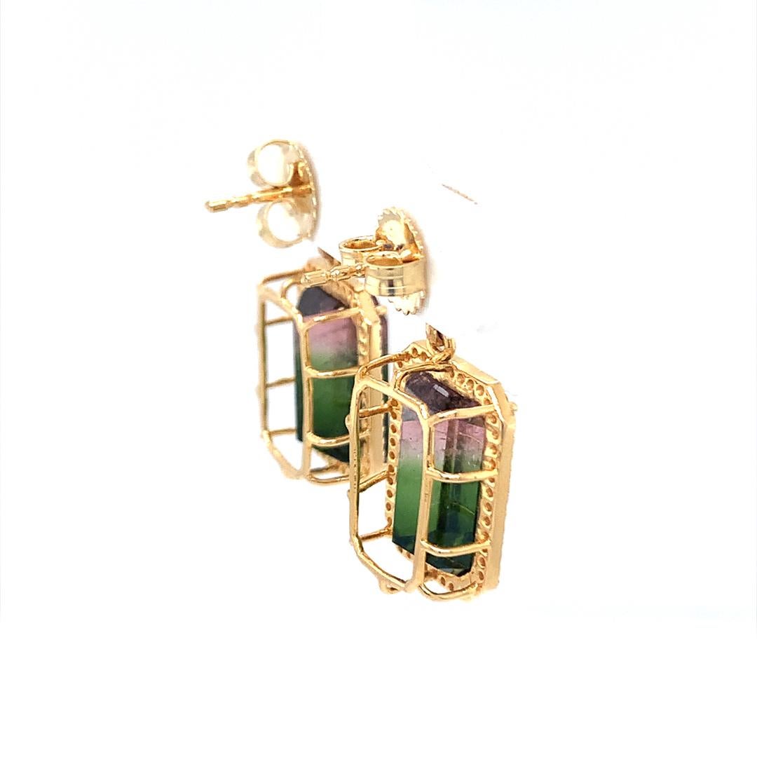 Emerald Cut Watermelon Tourmaline and diamond earrings 