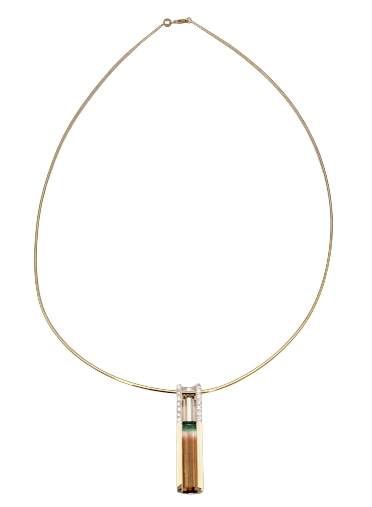 Contemporary Watermelon Tourmaline and Diamond Linear Drop Pendant Necklace in 14 Karat Gold For Sale