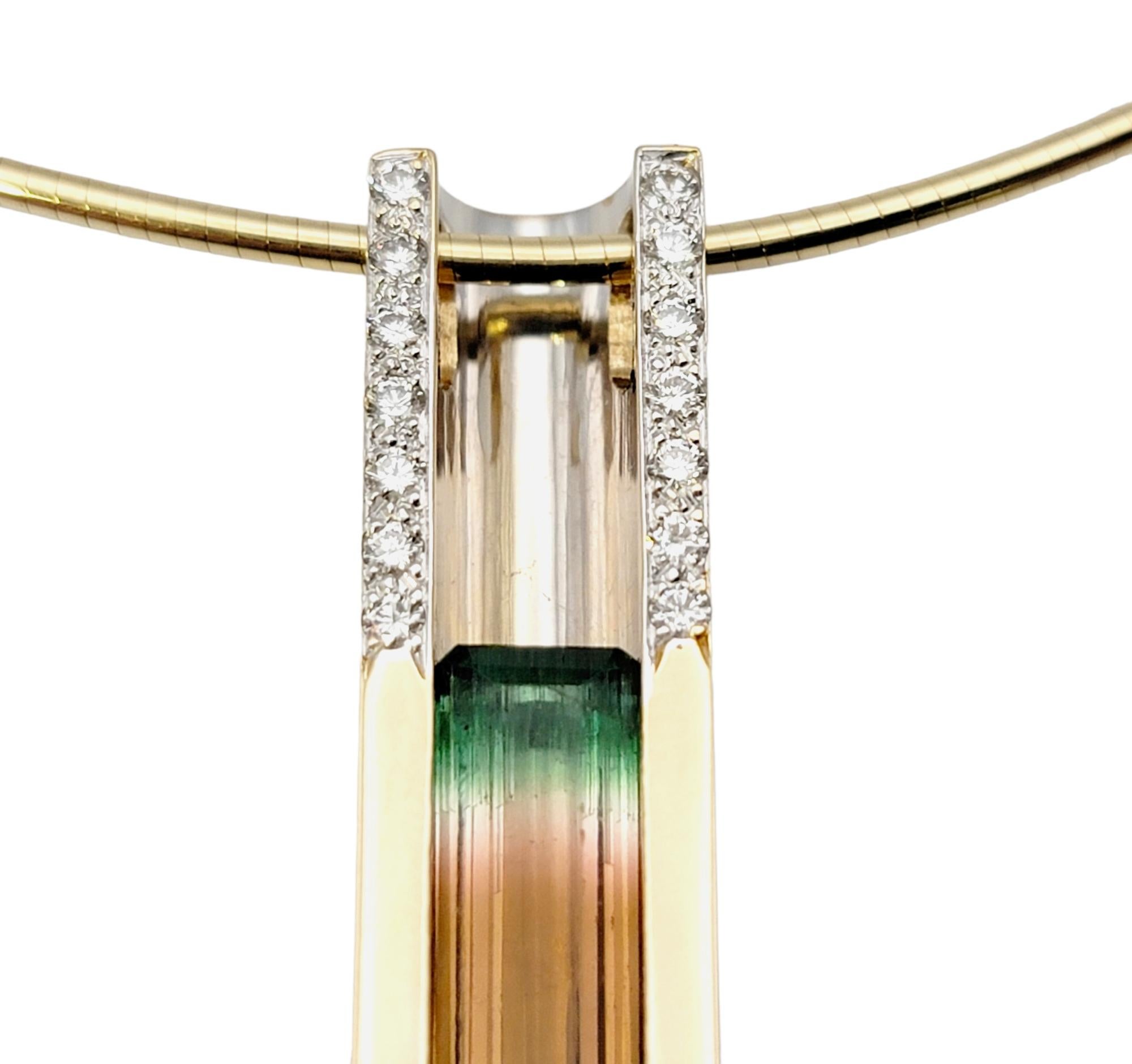 Baguette Cut Watermelon Tourmaline and Diamond Linear Drop Pendant Necklace in 14 Karat Gold For Sale