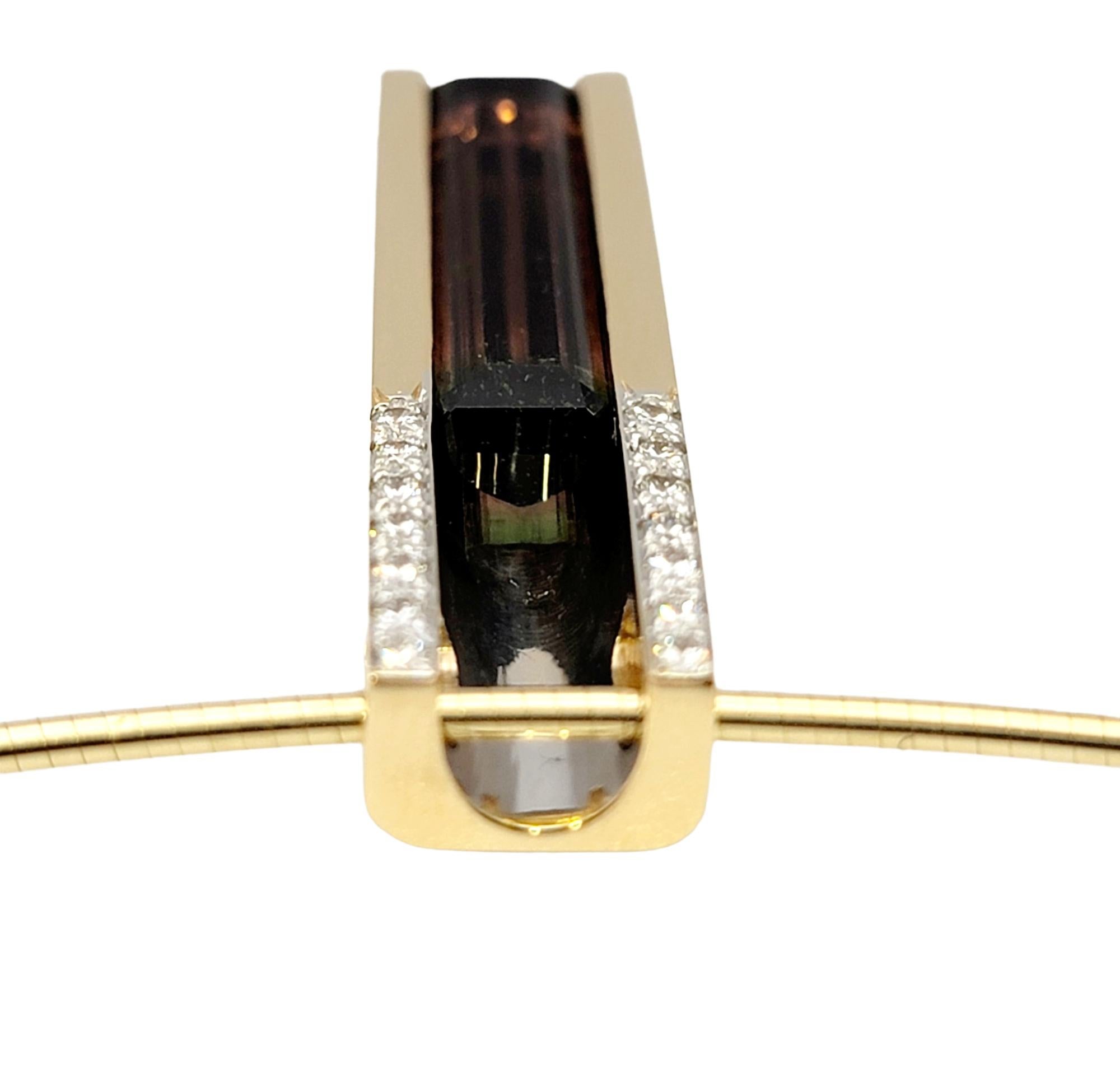 Watermelon Tourmaline and Diamond Linear Drop Pendant Necklace in 14 Karat Gold For Sale 1