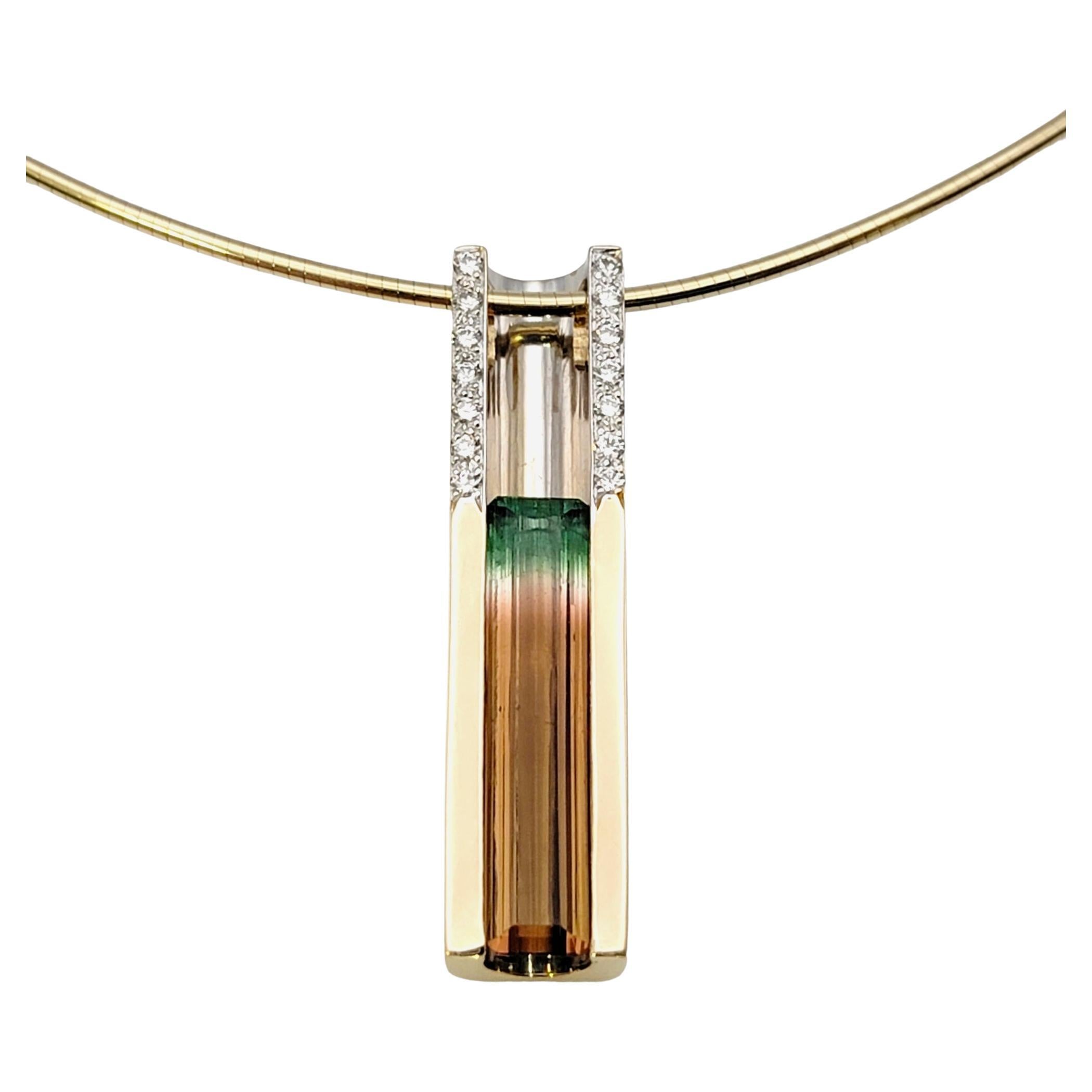 Watermelon Tourmaline and Diamond Linear Drop Pendant Necklace in 14 Karat Gold For Sale