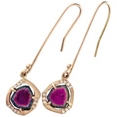 Watermelon Tourmaline and Diamond "Mini-Slice" Dangle Drop Earrings in Rose Gold