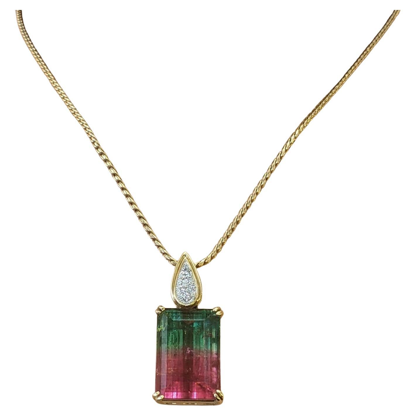 Watermelon Tourmaline and Diamond Pendant in 18k Gold and Platinum 14k Chain