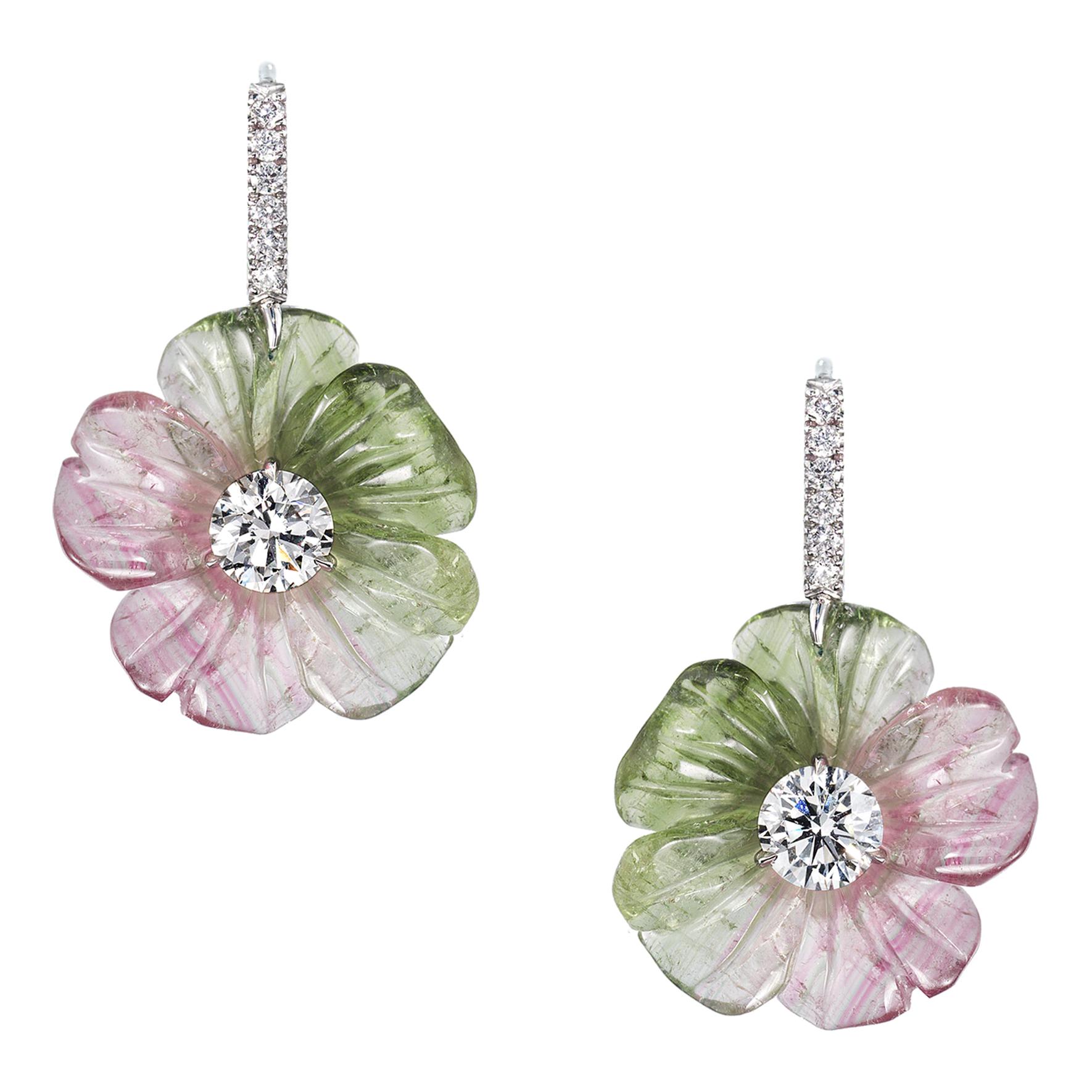 Watermelon Tourmaline and GIA Certified Diamond Floral Earrings For Sale