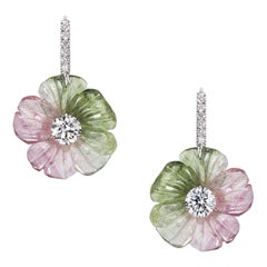 Watermelon Tourmaline and GIA Certified Diamond Floral Earrings