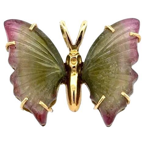 Pendentif vintage papillon en or et tourmaline melon d'eau