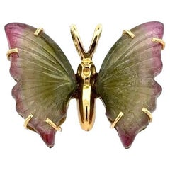 Watermelon Tourmaline and Gold Butterfly Vintage Pendant