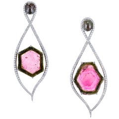 Watermelon Tourmaline and Green Rose-Cut Diamond Drop Earrings