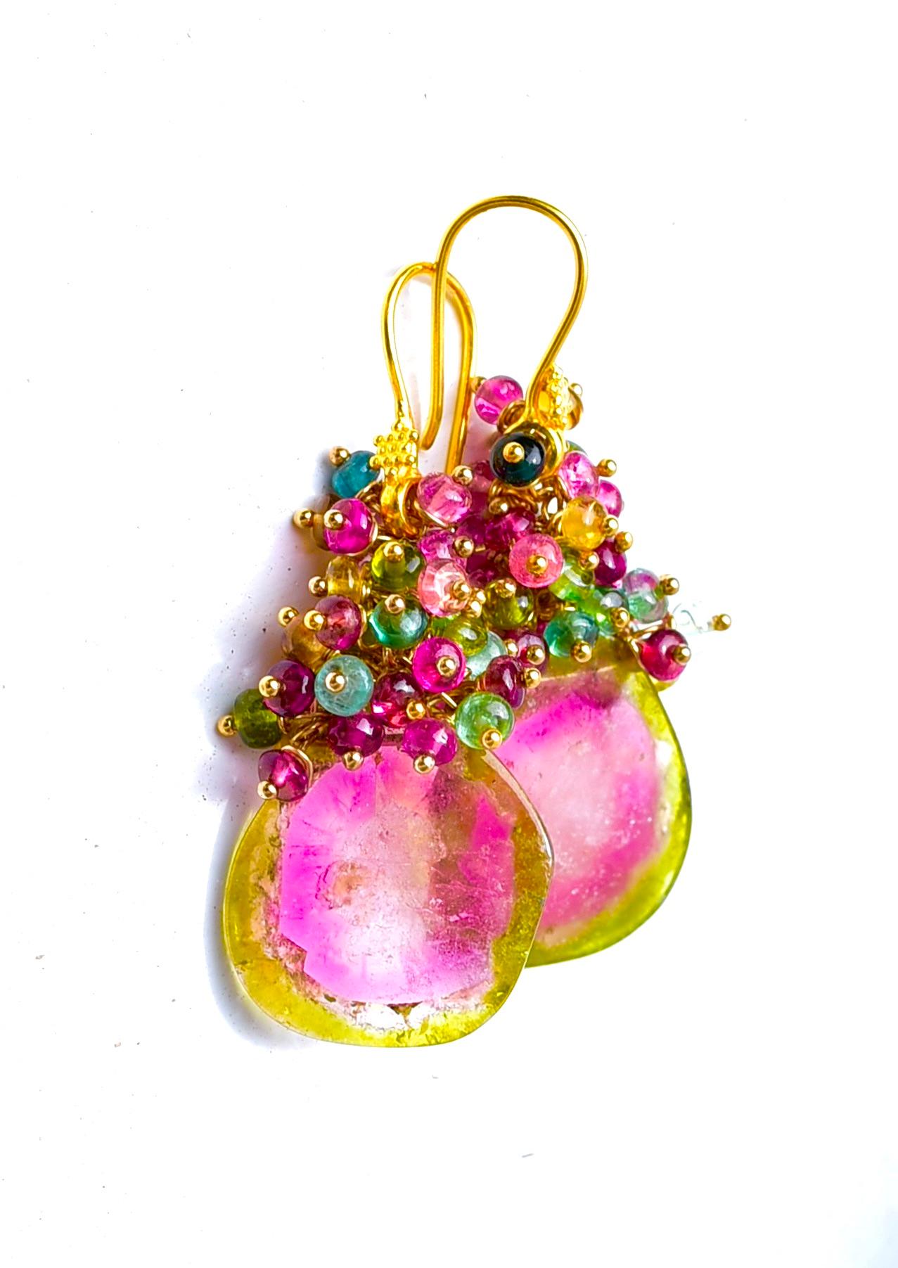 Uncut Watermelon Tourmaline and Multi-colored Tourmaline Earrings with 18K Yellow Gold