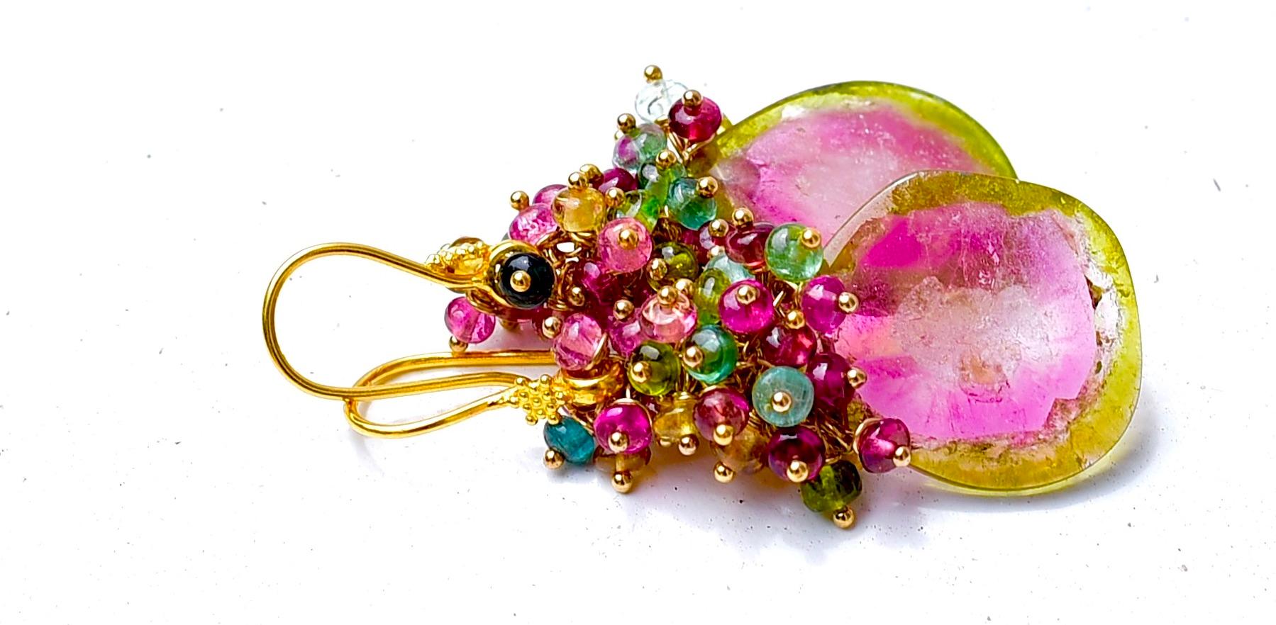 Watermelon Tourmaline and Multi-colored Tourmaline Earrings with 18K Yellow Gold In New Condition In Astoria, NY