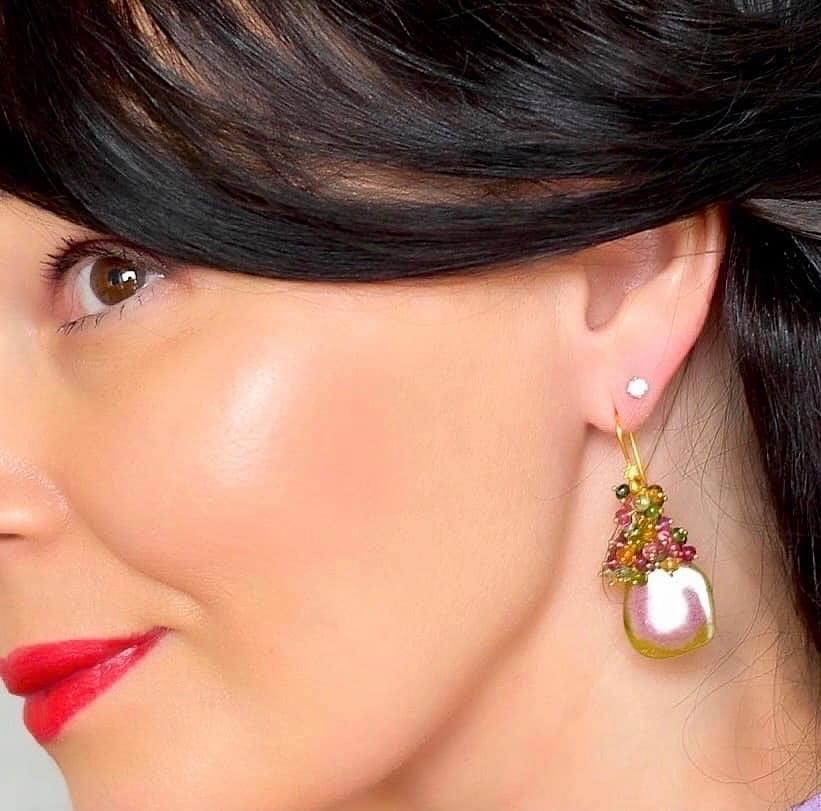 Women's Watermelon Tourmaline and Multi-colored Tourmaline Earrings with 18K Yellow Gold